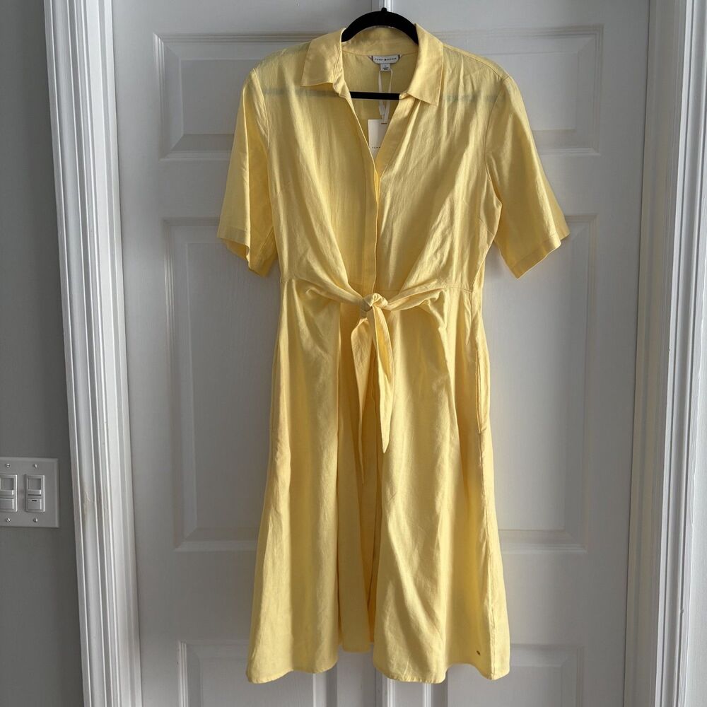 NWT Tommy Hilfiger Belted Linen Midi Shirt Dress Sz Medium Yellow Hidden Button